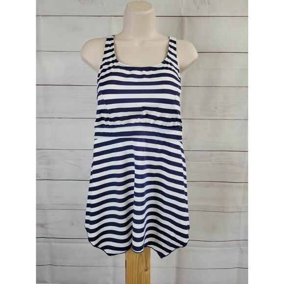 12R NAVY STRIPE A392813 Denim & Co. Beach Handkerchief Hem Tankini - Picture 2 of 2